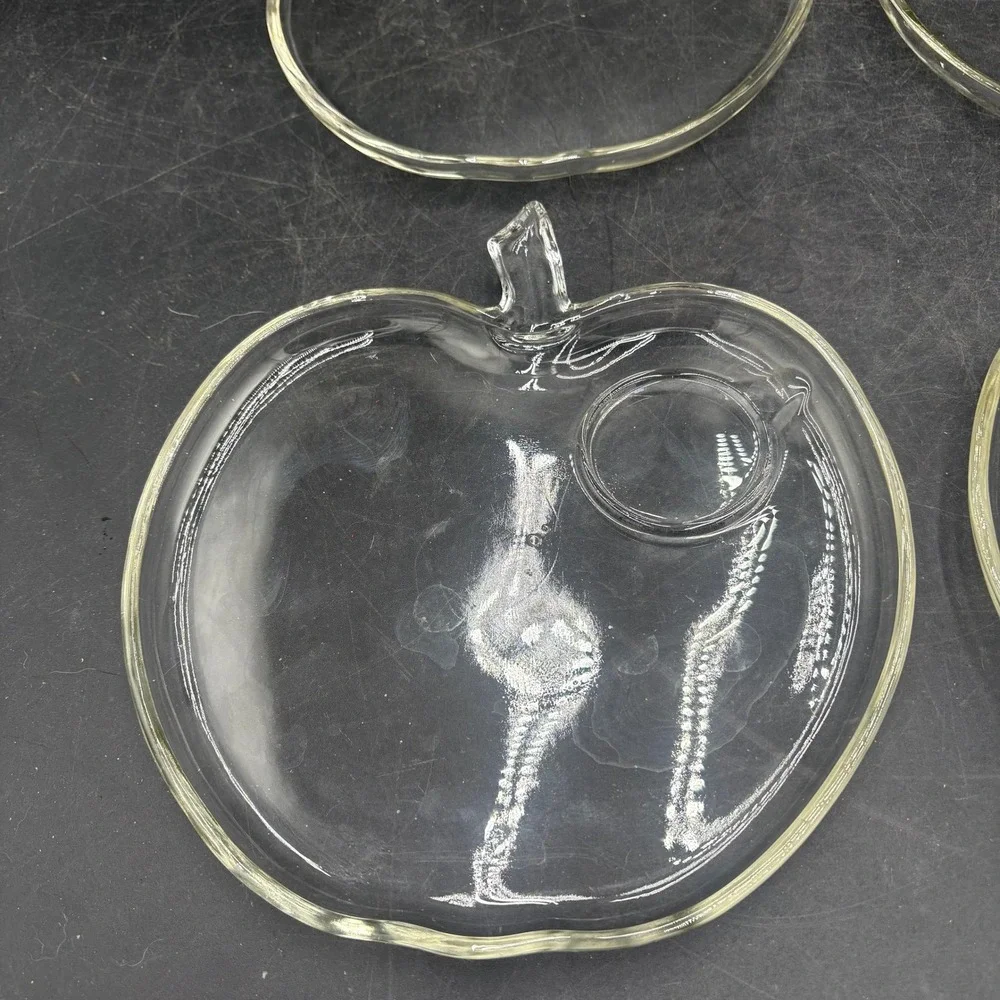 Vtg Hazel Atlas Clear Glass Apple Shaped Snack Plates Set of 4 Luncheon Trays